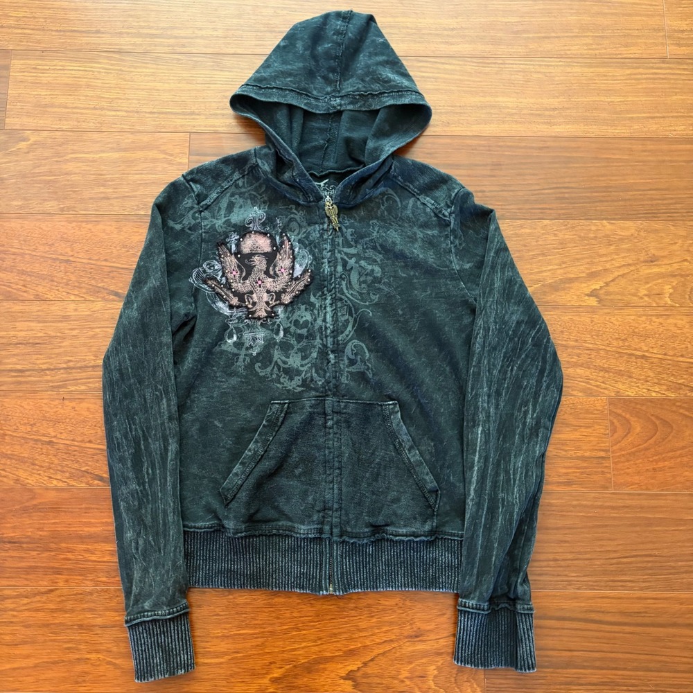 Manchester Ltd Buckle Womens Zip Hoodie Large Acid Wash Eagle USA Rhinestone Y2K